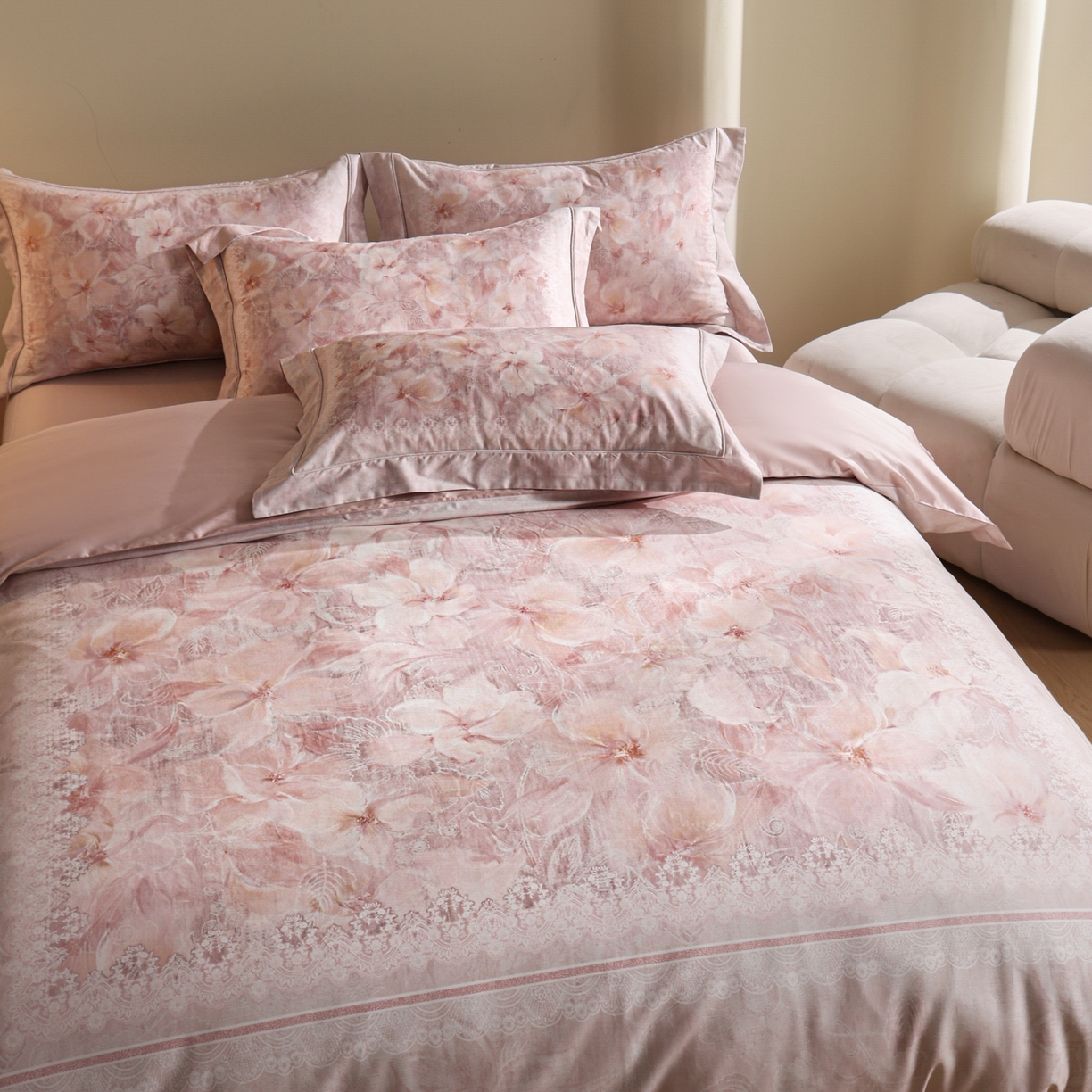 91家纺网 家纺一手货源 找家纺 禾时 2026新款全棉纯棉数码印花埋绳款四件套 绯花若梦（粉）