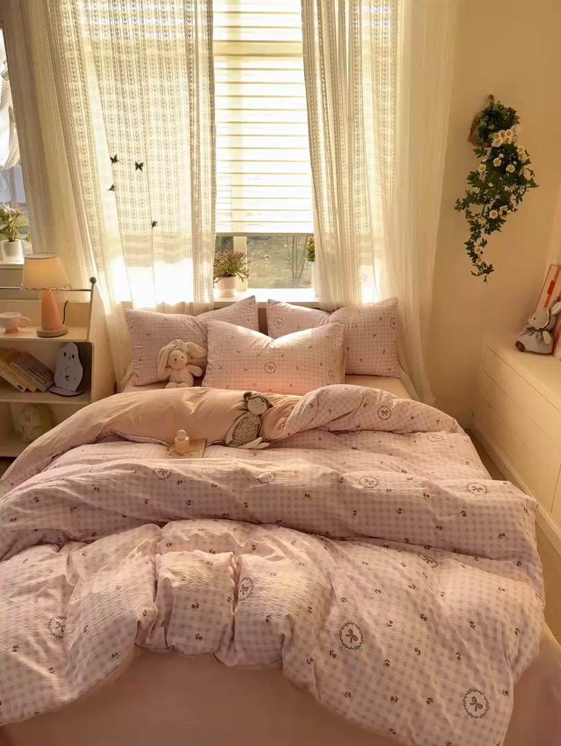 91家纺网 家纺一手货源 找家纺 丽美人家纺 2026新款A类皱皱纱双层印花单被套 BT格子蝴蝶结