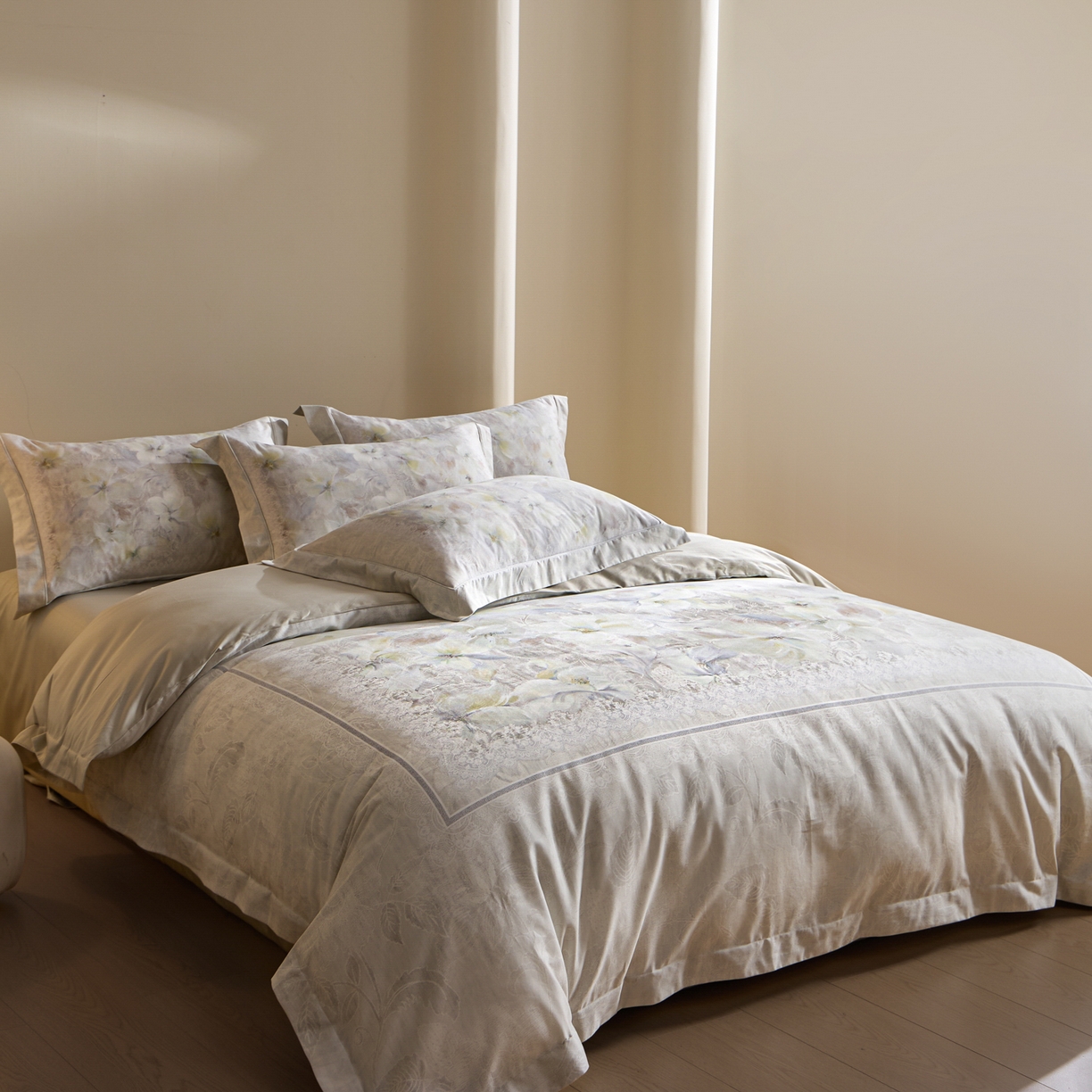 91家纺网 家纺一手货源 找家纺 禾时 2026新款全棉纯棉数码印花埋绳款四件套 绯花若梦（绿）