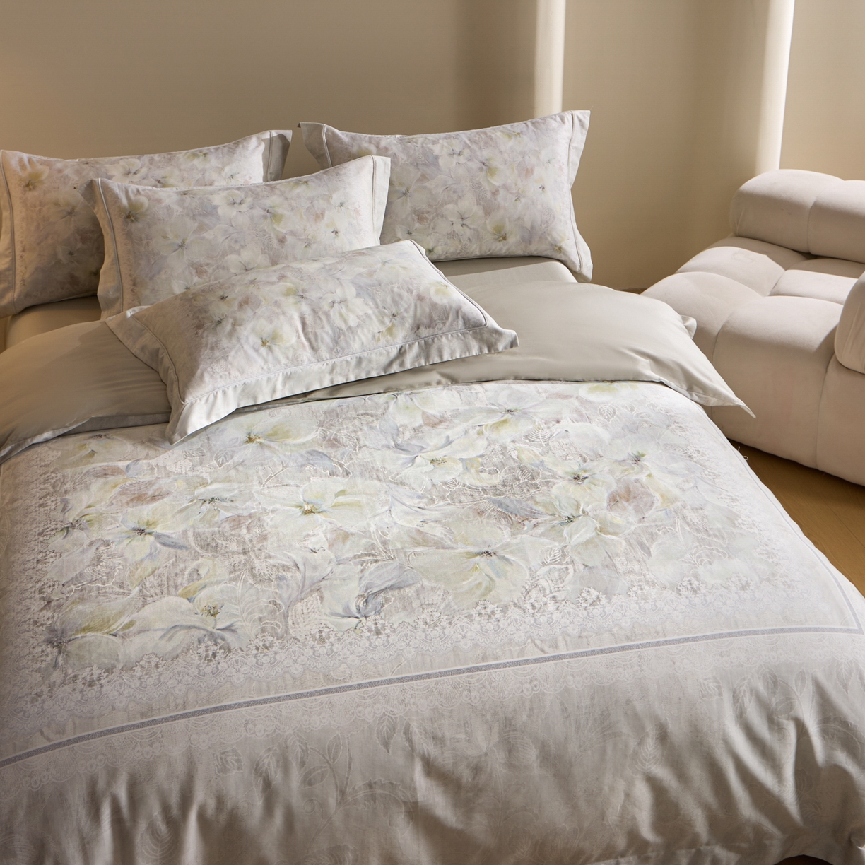 91家纺网 家纺一手货源 找家纺 禾时 2026新款全棉纯棉数码印花埋绳款四件套 绯花若梦（绿）