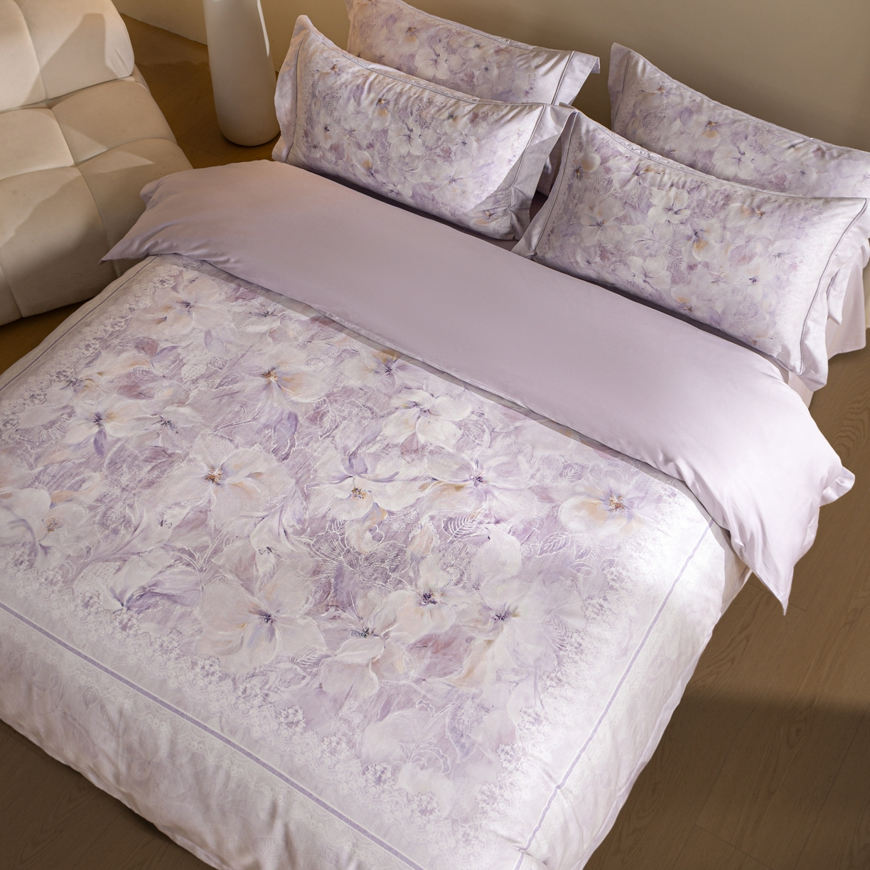 91家纺网 家纺一手货源 找家纺 禾时 2026新款全棉纯棉数码印花埋绳款四件套 绯花若梦（紫）