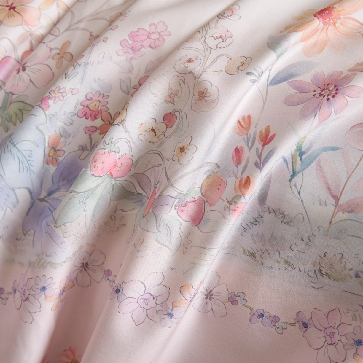 91家纺网 家纺一手货源 找家纺 禾时 2026新款全棉纯棉数码印花埋绳款四件套 花间逐梦（粉）