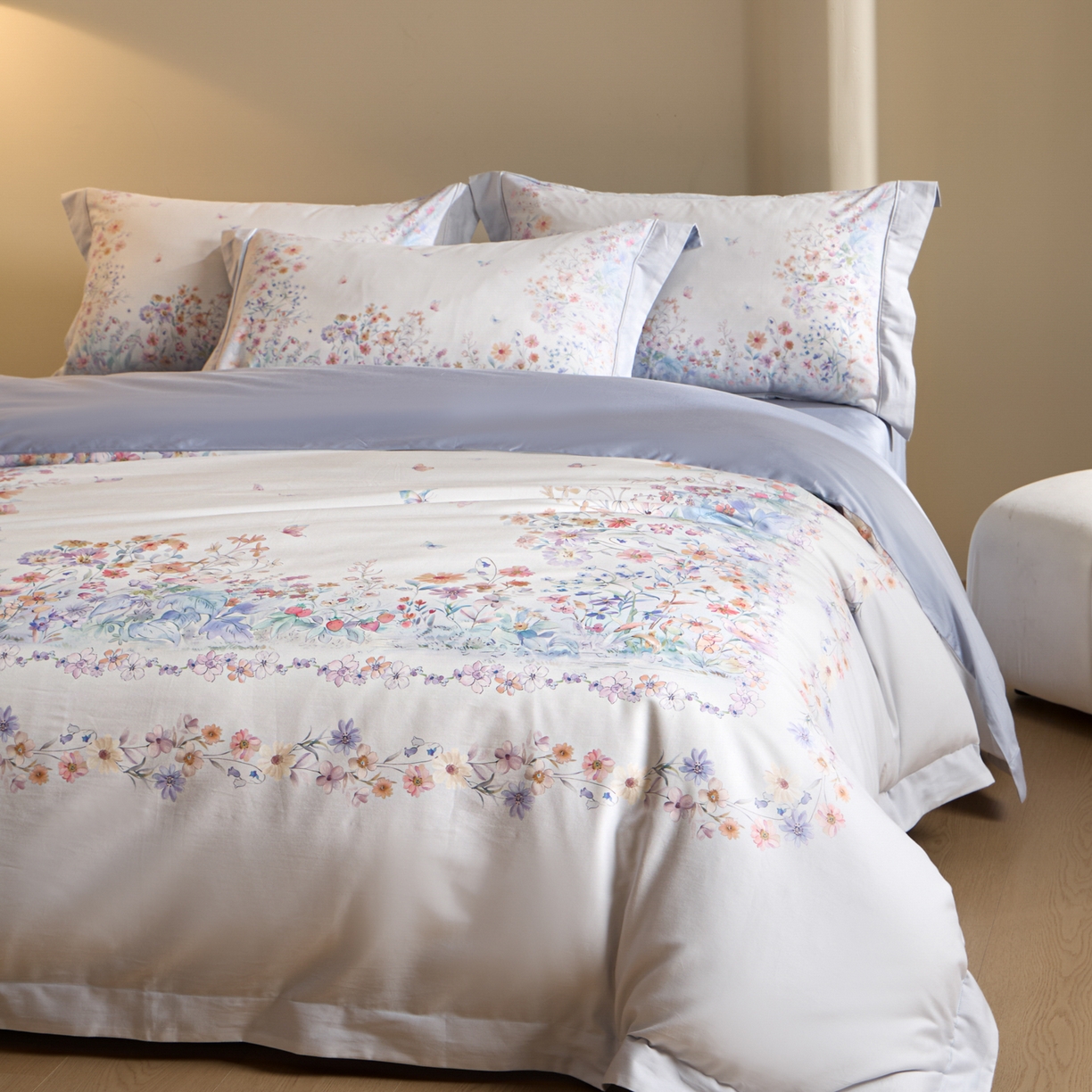 禾时 2026新款全棉纯棉数码印花埋绳款四件套 花间逐梦（蓝紫）