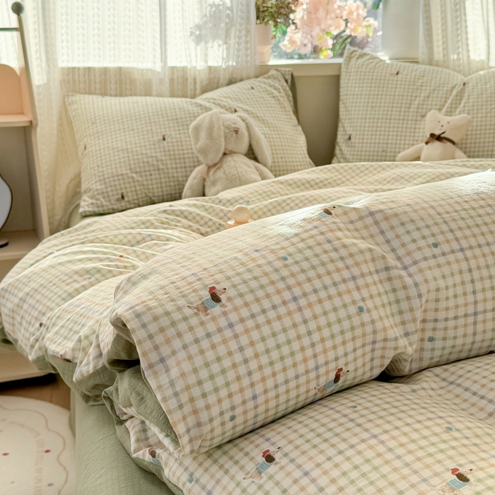 91家纺网 家纺一手货源 找家纺 丽美人家纺 2026新款A类皱皱纱双层印花单被套 BT腊肠狗