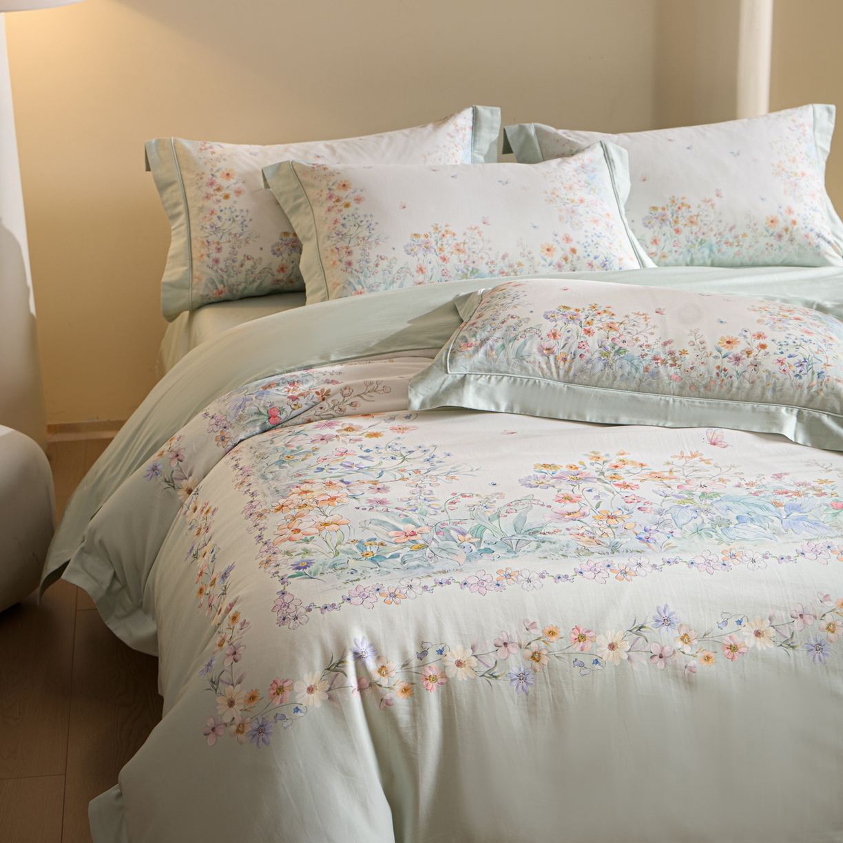 91家纺网 家纺一手货源 找家纺 禾时 2026新款全棉纯棉数码印花埋绳款四件套 花间逐梦（绿）