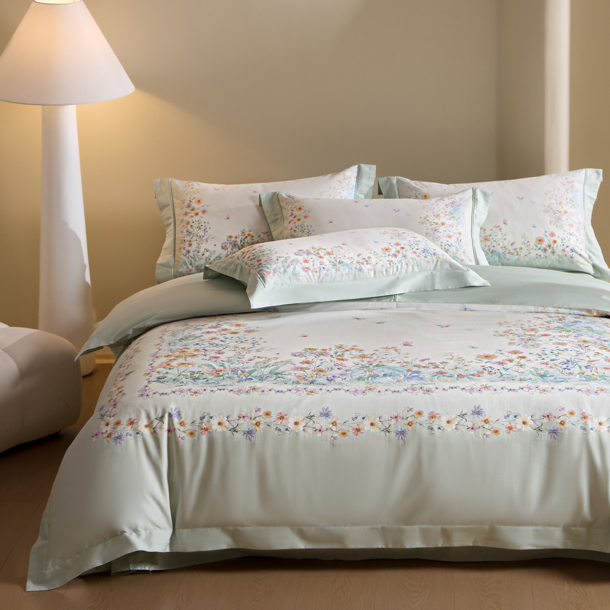 91家纺网 家纺一手货源 找家纺 禾时 2026新款全棉纯棉数码印花埋绳款四件套 花间逐梦（绿）