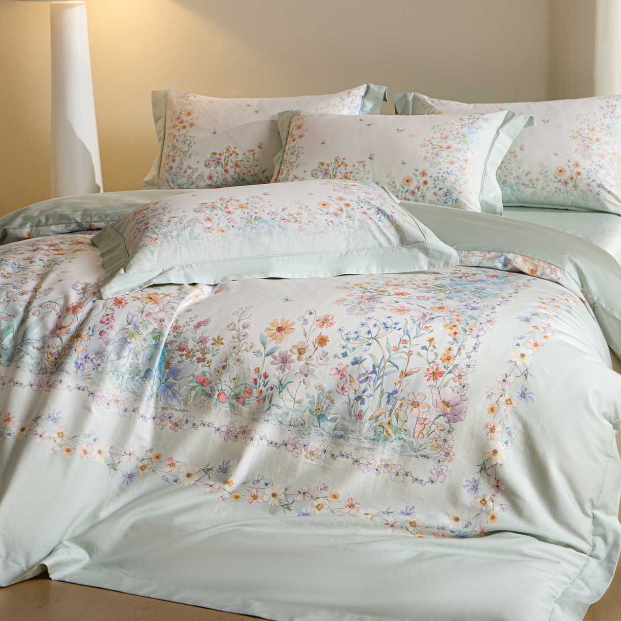 91家纺网 家纺一手货源 找家纺 禾时 2026新款全棉纯棉数码印花埋绳款四件套 花间逐梦（绿）