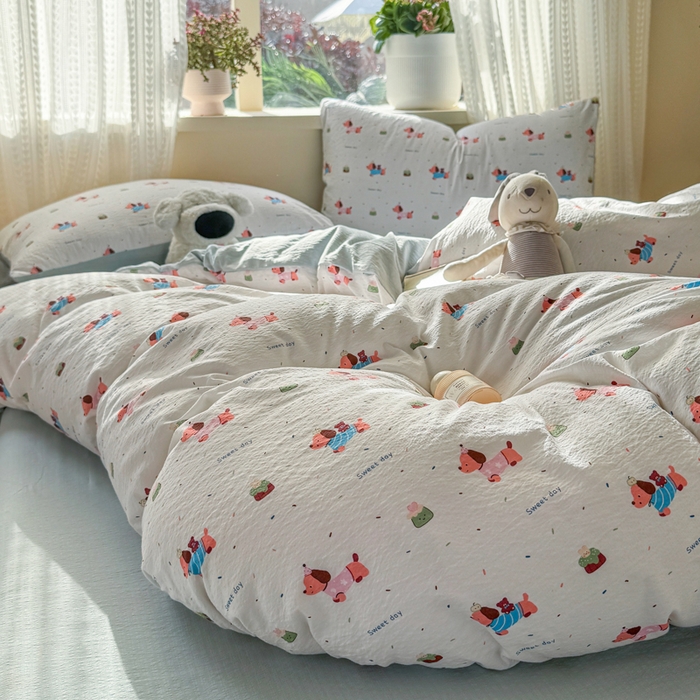 91家纺网 家纺一手货源 找家纺 丽美人家纺 2026新款A类皱皱纱双层印花单被套 BT洛洛小狗