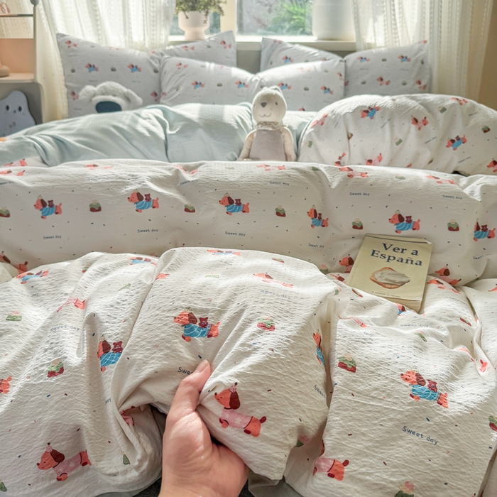 91家纺网 家纺一手货源 找家纺 丽美人家纺 2026新款A类皱皱纱双层印花单被套 BT洛洛小狗