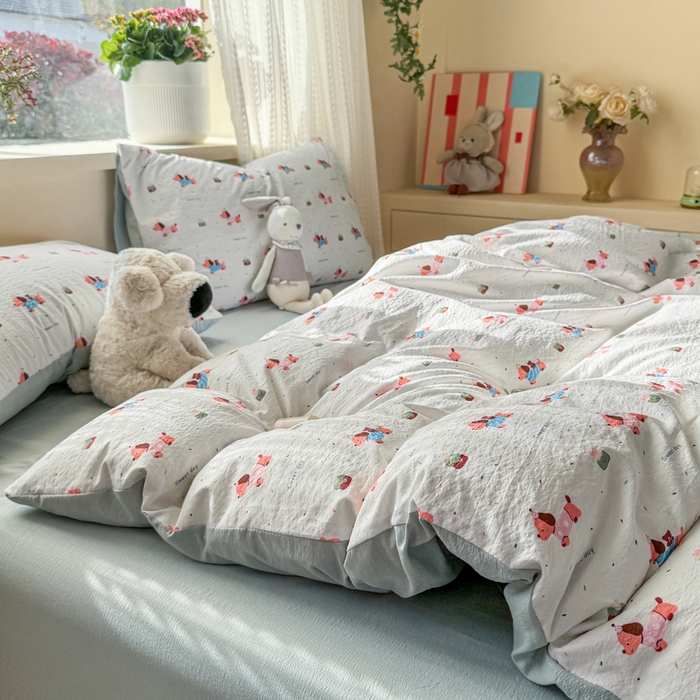 91家纺网 家纺一手货源 找家纺 丽美人家纺 2026新款A类皱皱纱双层印花单被套 BT洛洛小狗