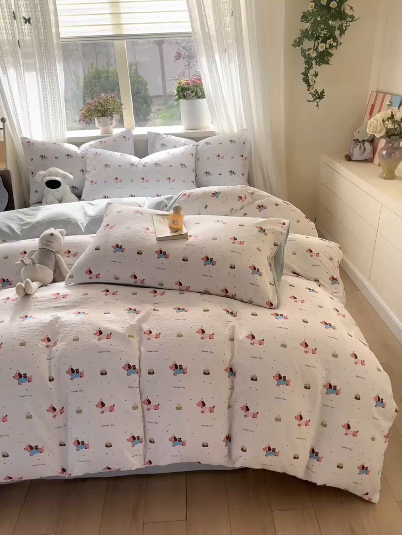 91家纺网 家纺一手货源 找家纺 丽美人家纺 2026新款A类皱皱纱双层印花单被套 BT洛洛小狗