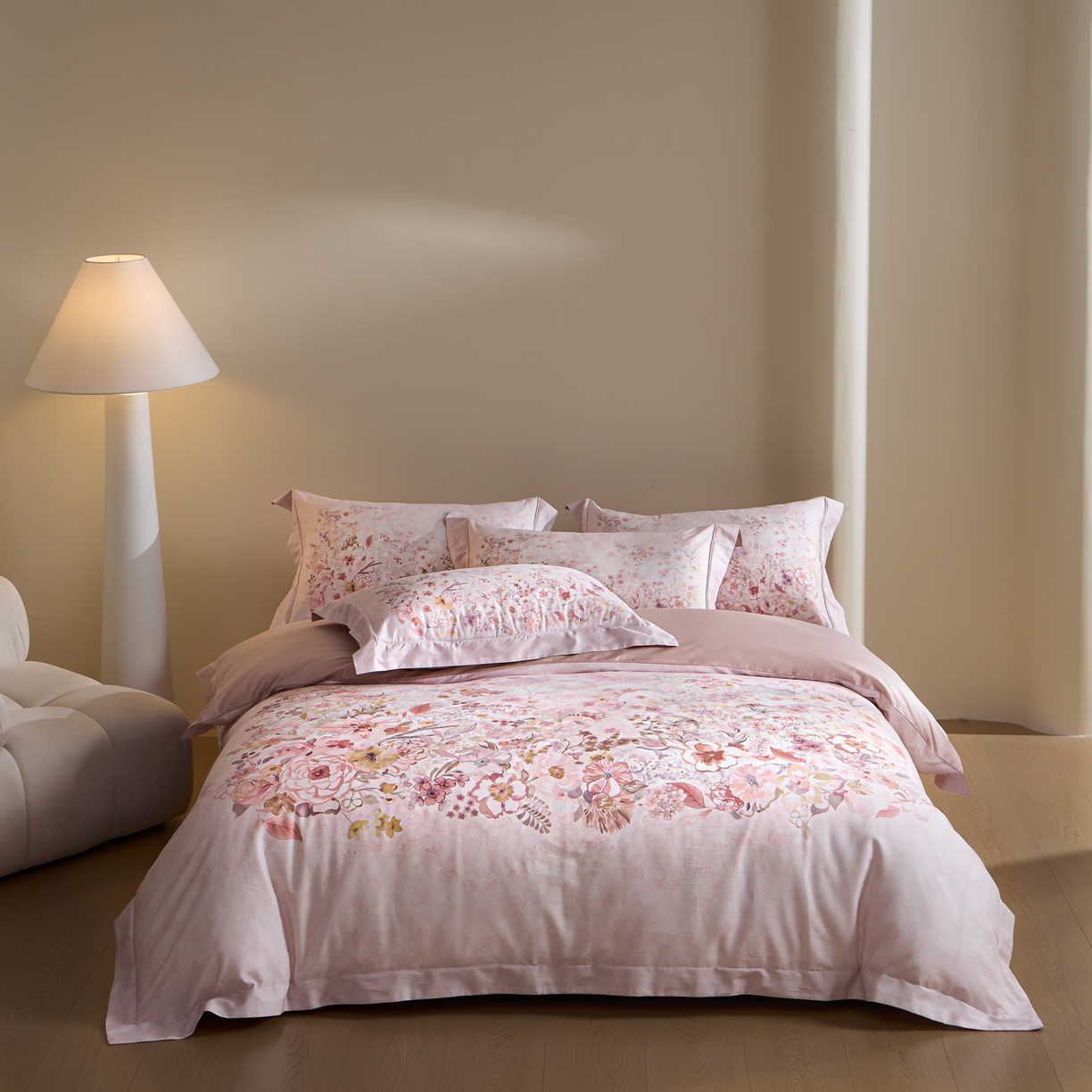 91家纺网 家纺一手货源 找家纺 禾时 2026新款全棉纯棉数码印花埋绳款四件套 花笺梦语（粉）