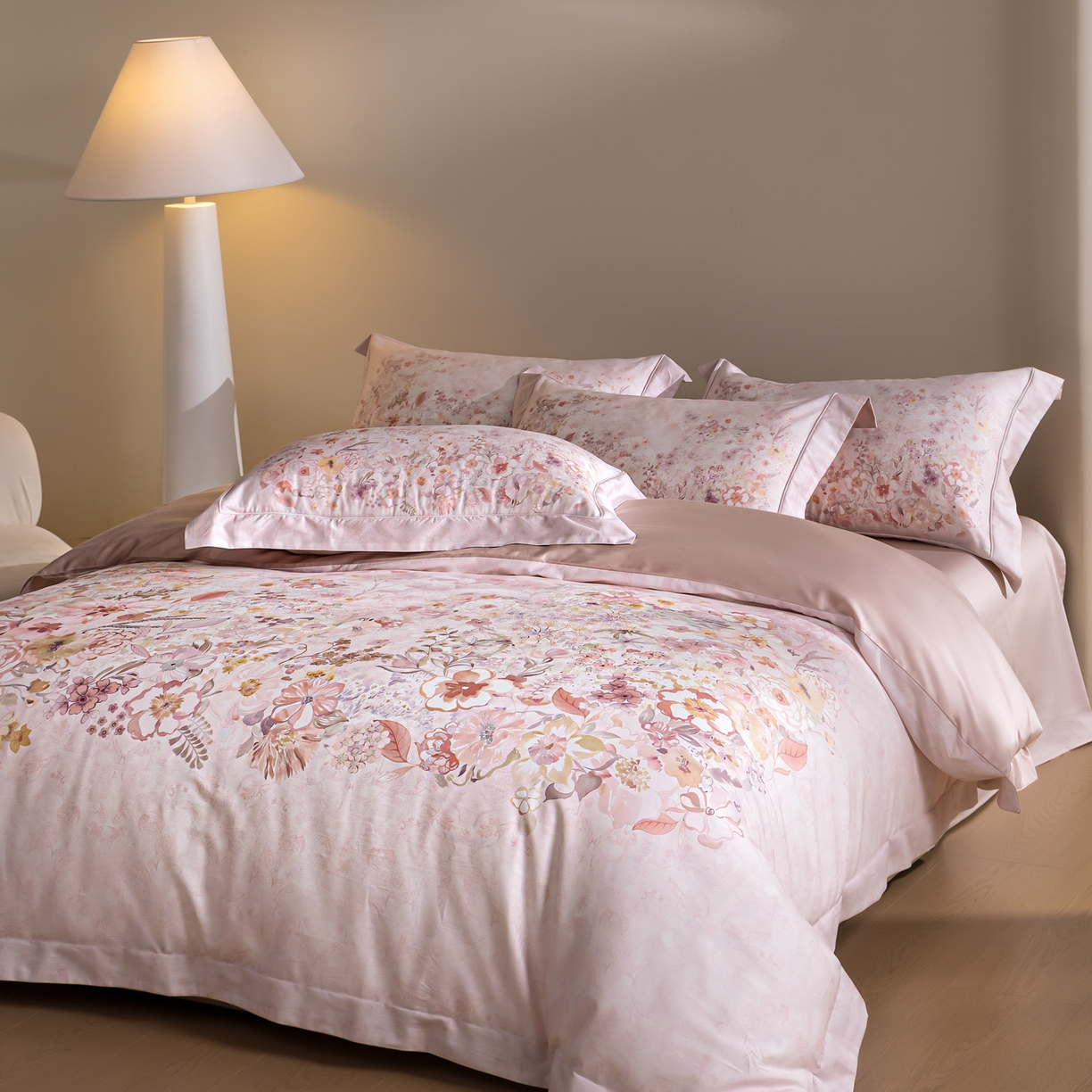 91家纺网 家纺一手货源 找家纺 禾时 2026新款全棉纯棉数码印花埋绳款四件套 花笺梦语（粉）