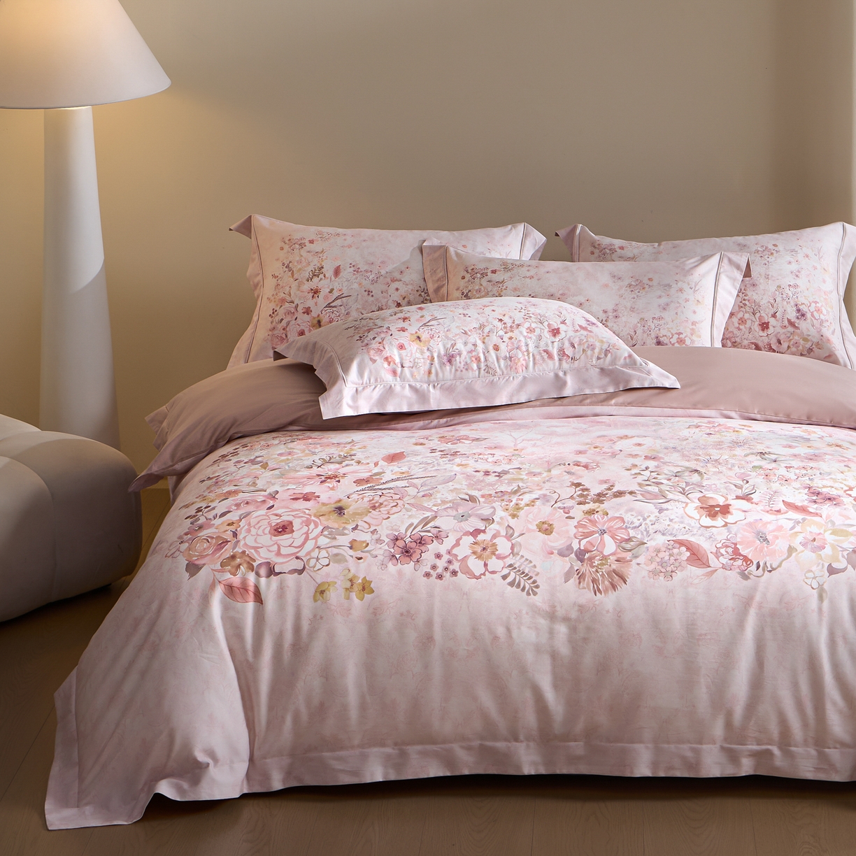 91家纺网 家纺一手货源 找家纺 禾时 2026新款全棉纯棉数码印花埋绳款四件套 花笺梦语（粉）