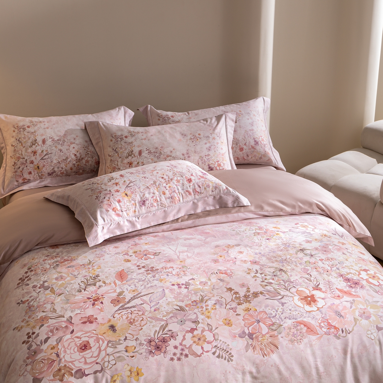 91家纺网 家纺一手货源 找家纺 禾时 2026新款全棉纯棉数码印花埋绳款四件套 花笺梦语（粉）