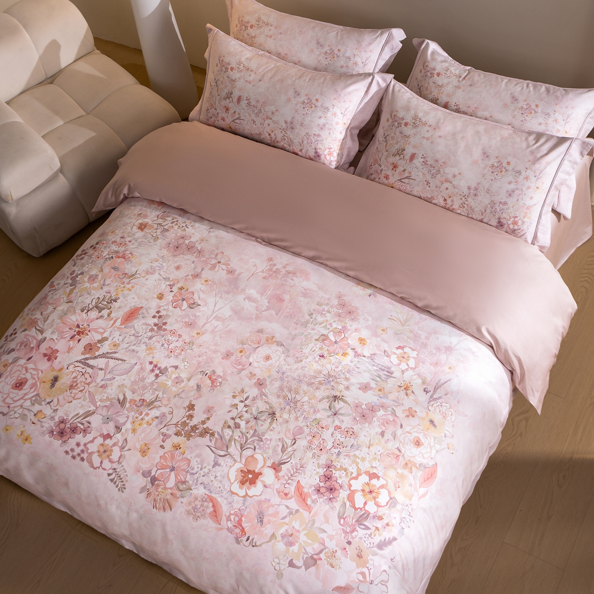 91家纺网 家纺一手货源 找家纺 禾时 2026新款全棉纯棉数码印花埋绳款四件套 花笺梦语（粉）