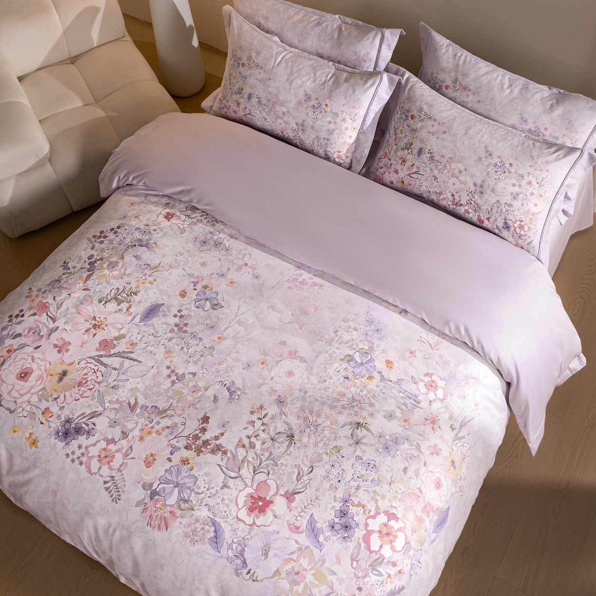 91家纺网 家纺一手货源 找家纺 禾时 2026新款全棉纯棉数码印花埋绳款四件套 花笺梦语（紫）