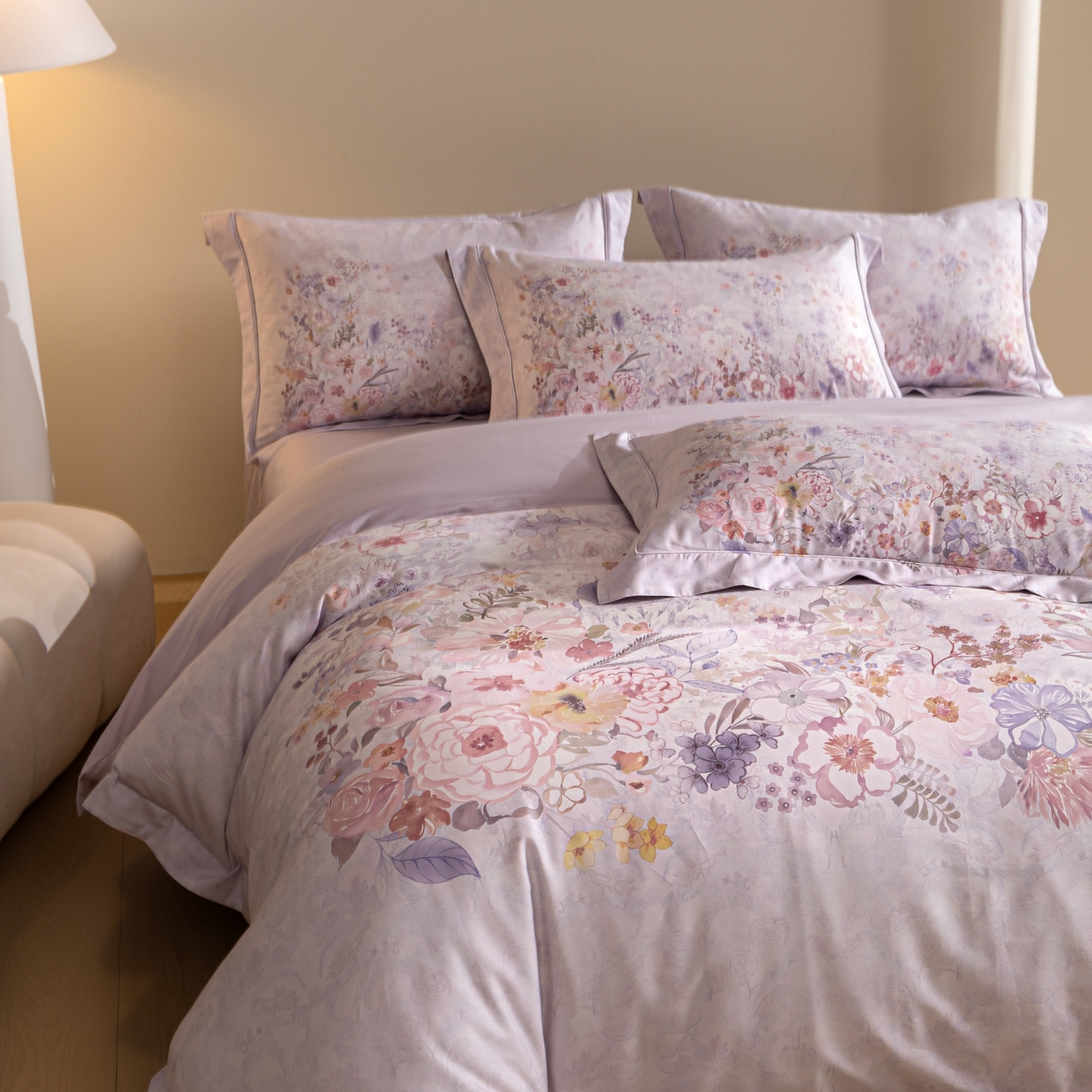 91家纺网 家纺一手货源 找家纺 禾时 2026新款全棉纯棉数码印花埋绳款四件套 花笺梦语（紫）