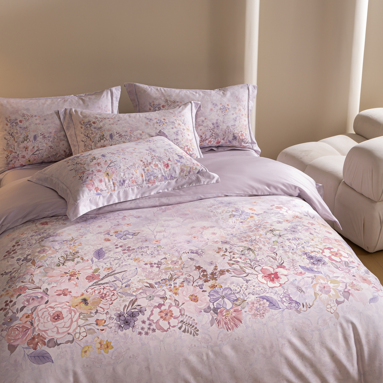 91家纺网 家纺一手货源 找家纺 禾时 2026新款全棉纯棉数码印花埋绳款四件套 花笺梦语（紫）