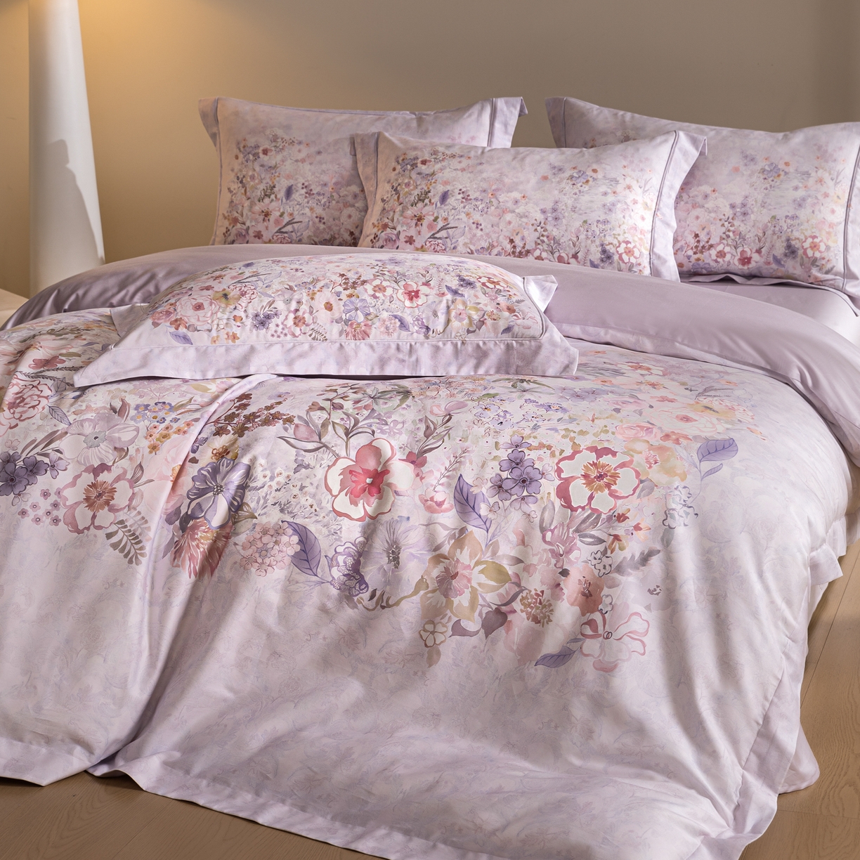 91家纺网 家纺一手货源 找家纺 禾时 2026新款全棉纯棉数码印花埋绳款四件套 花笺梦语（紫）