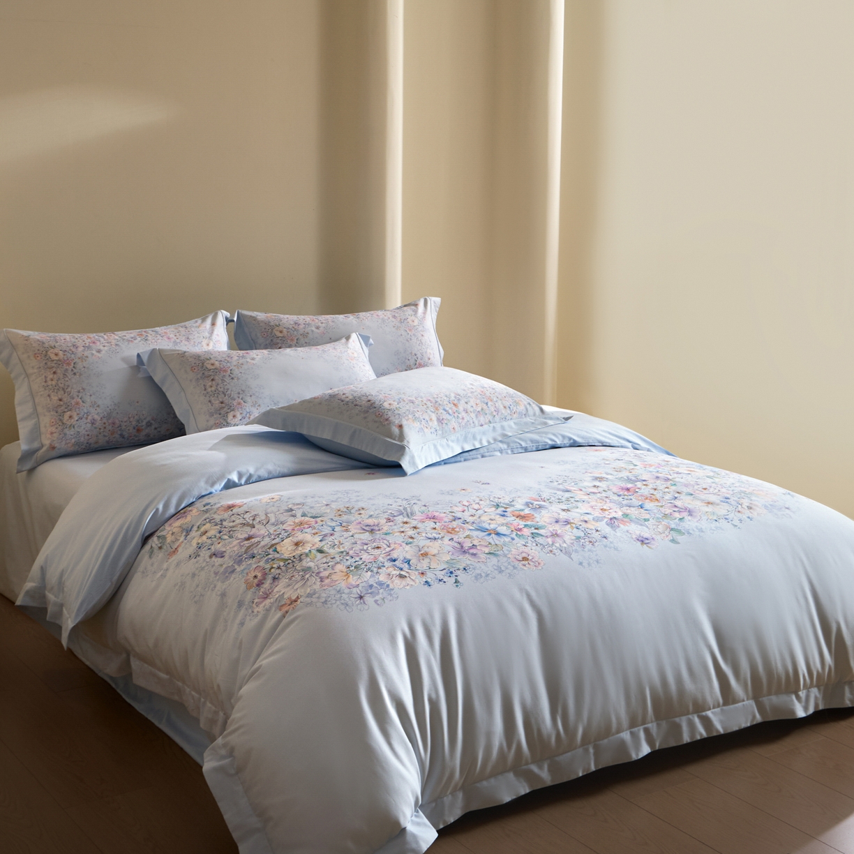 91家纺网 家纺一手货源 找家纺 禾时 2026新款全棉纯棉数码印花埋绳款四件套 花影轻描（蓝）