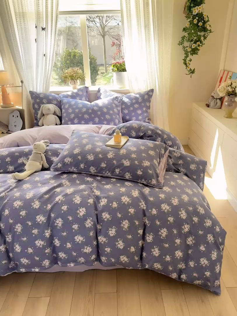 91家纺网 家纺一手货源 找家纺 丽美人家纺 2026新款A类皱皱纱双层印花单被套 BT浅紫花绒