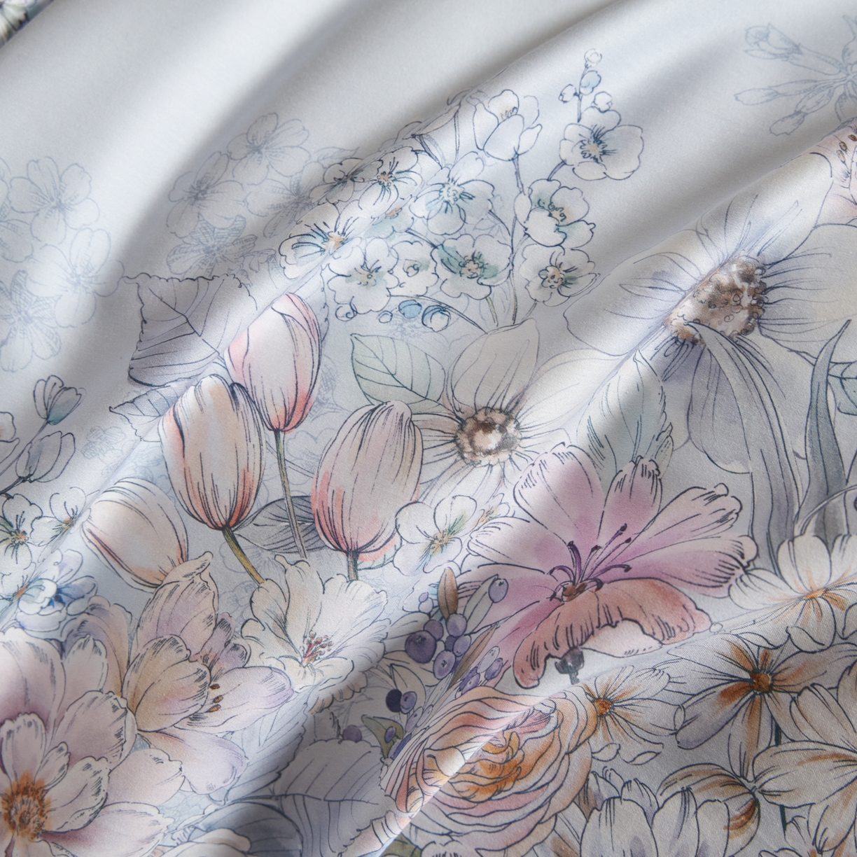 91家纺网 家纺一手货源 找家纺 禾时 2026新款全棉纯棉数码印花埋绳款四件套 花影轻描（蓝）