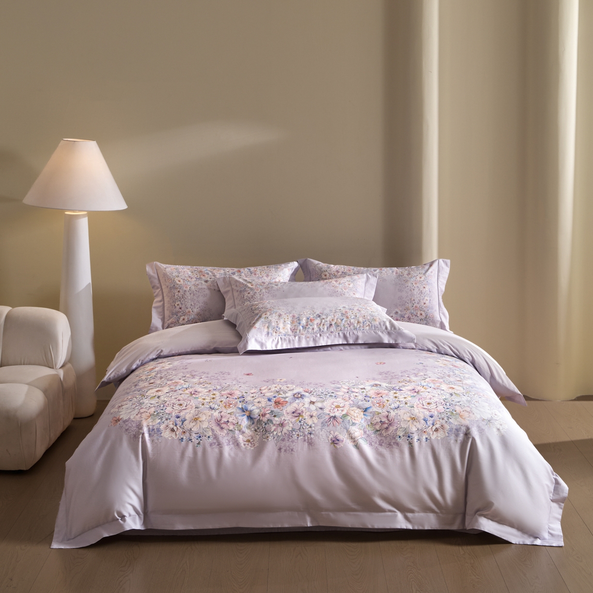 91家纺网 家纺一手货源 找家纺 禾时 2026新款全棉纯棉数码印花埋绳款四件套 花影轻描（紫）