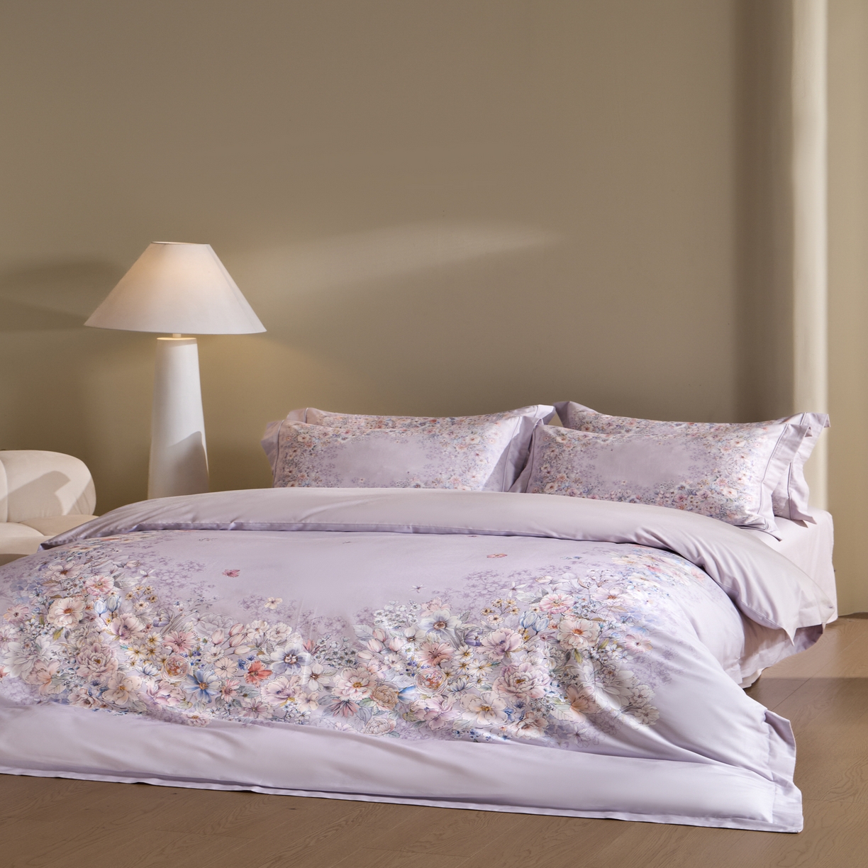 91家纺网 家纺一手货源 找家纺 禾时 2026新款全棉纯棉数码印花埋绳款四件套 花影轻描（紫）