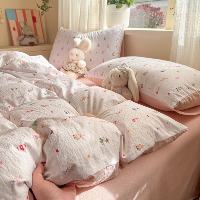 91家纺网 家纺一手货源 找家纺 丽美人家纺 2026新款A类皱皱纱双层印花单被套 BT桃心萌兔集