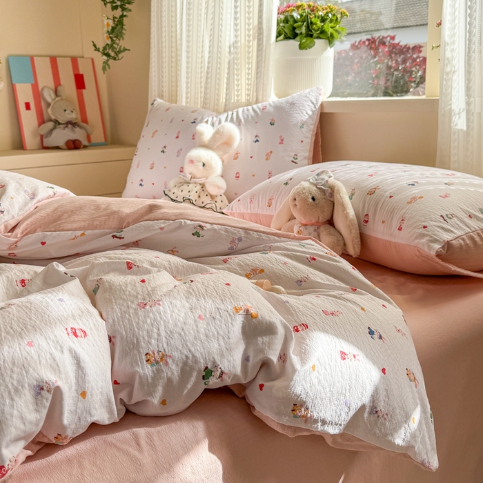 91家纺网 家纺一手货源 找家纺 丽美人家纺 2026新款A类皱皱纱双层印花单被套 BT桃心萌兔集