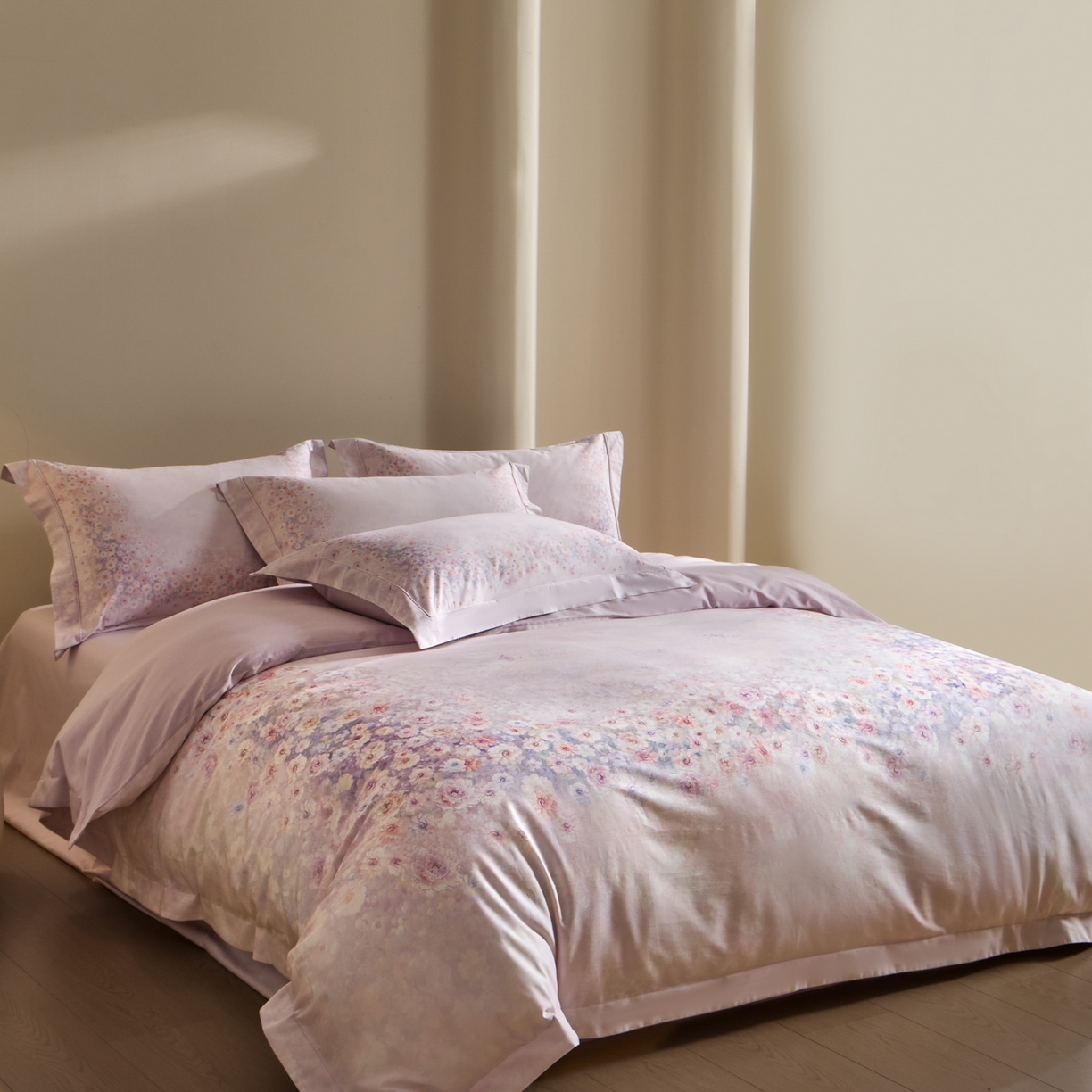 91家纺网 家纺一手货源 找家纺 禾时 2026新款全棉纯棉数码印花埋绳款四件套 浅春织梦（紫）