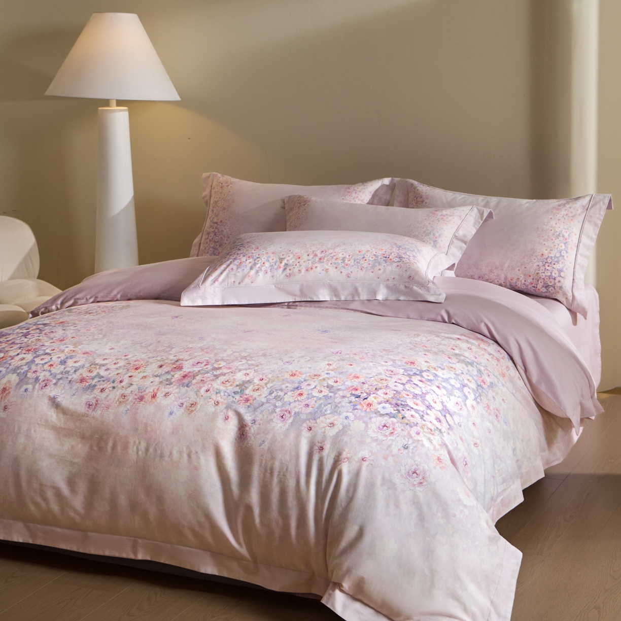 91家纺网 家纺一手货源 找家纺 禾时 2026新款全棉纯棉数码印花埋绳款四件套 浅春织梦（紫）