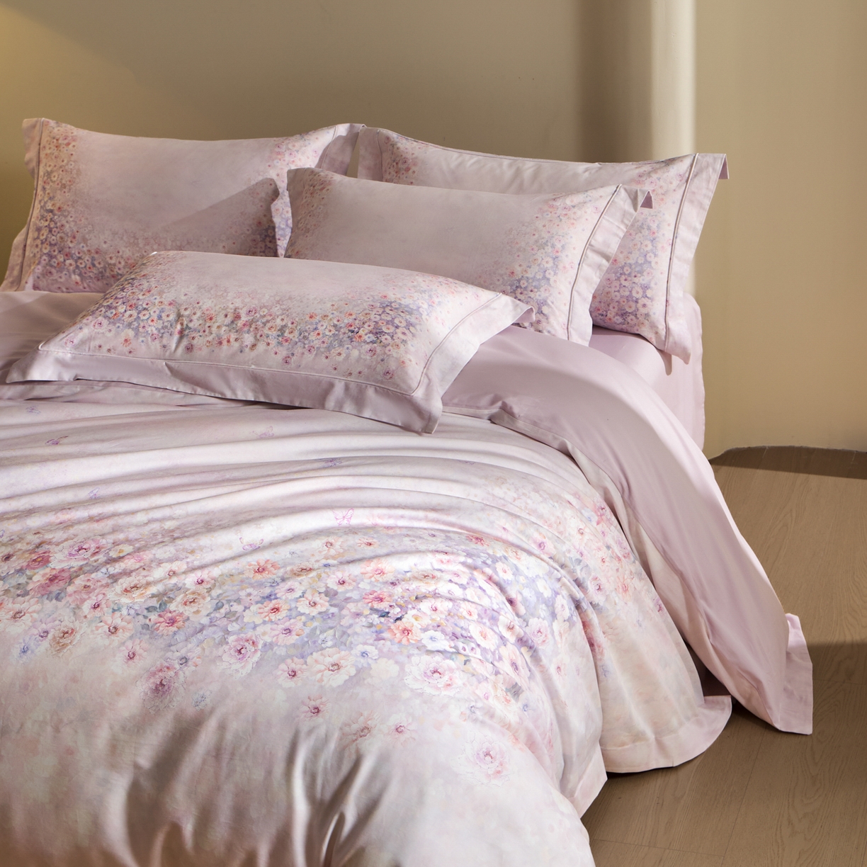 91家纺网 家纺一手货源 找家纺 禾时 2026新款全棉纯棉数码印花埋绳款四件套 浅春织梦（紫）