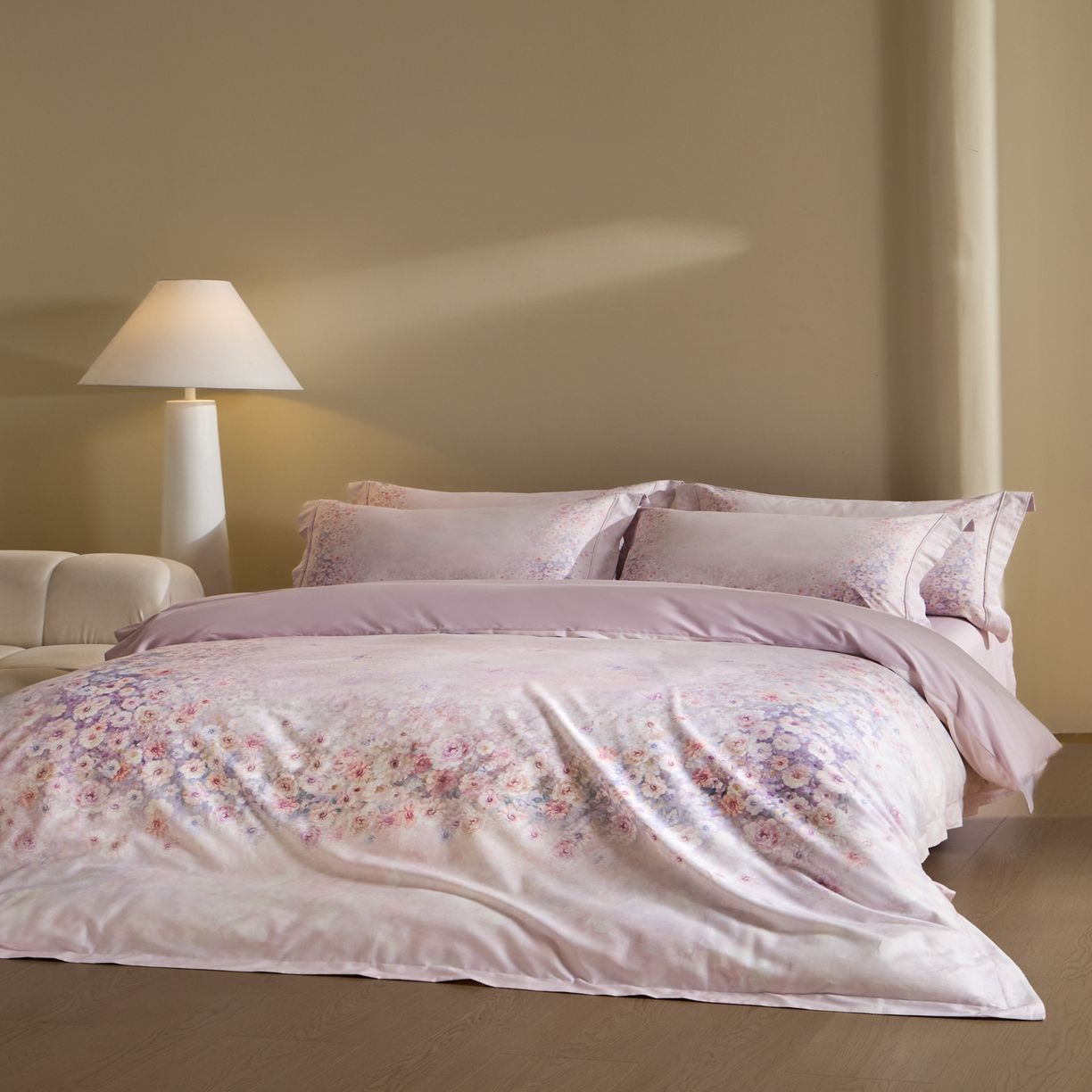 91家纺网 家纺一手货源 找家纺 禾时 2026新款全棉纯棉数码印花埋绳款四件套 浅春织梦（紫）