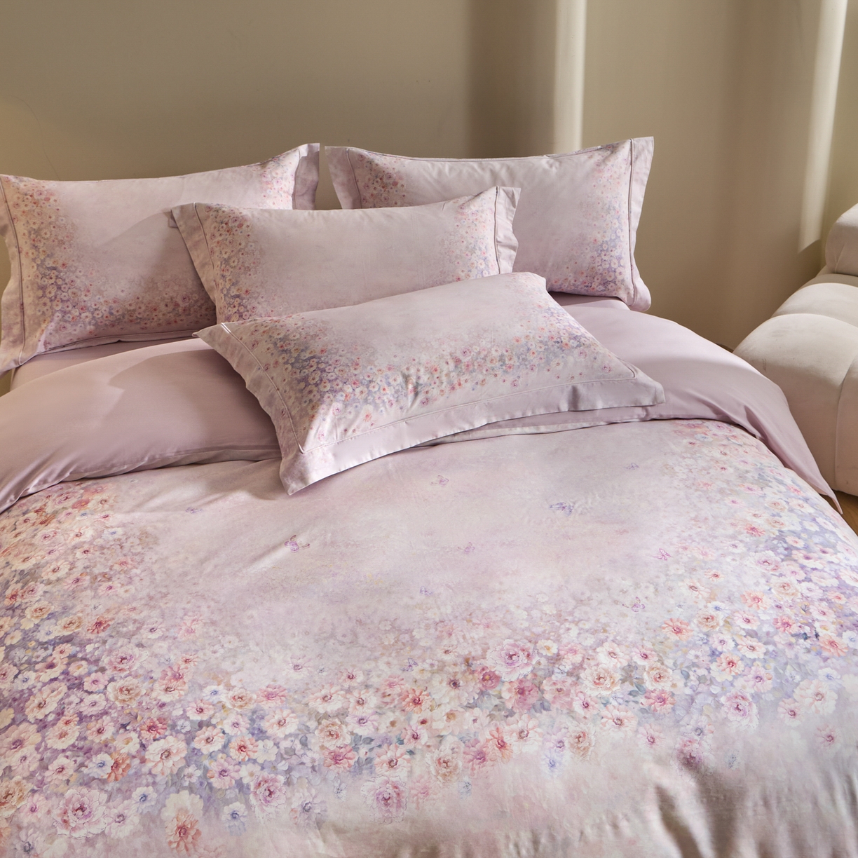 91家纺网 家纺一手货源 找家纺 禾时 2026新款全棉纯棉数码印花埋绳款四件套 浅春织梦（紫）