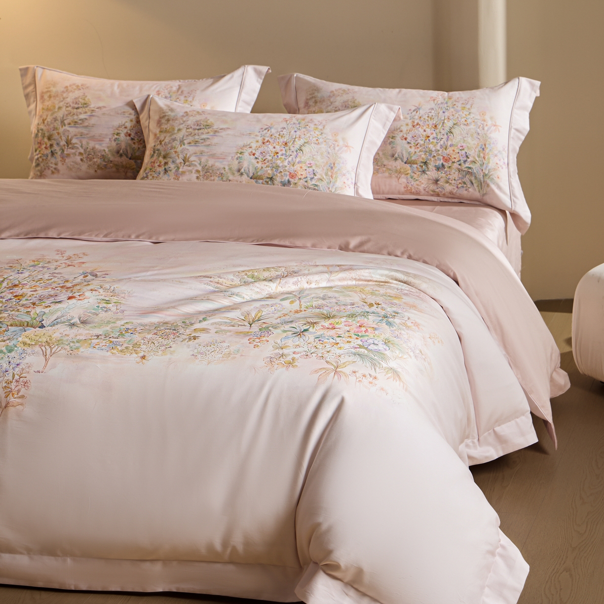 禾时 2026新款全棉纯棉数码印花埋绳款四件套 浅芜（粉）