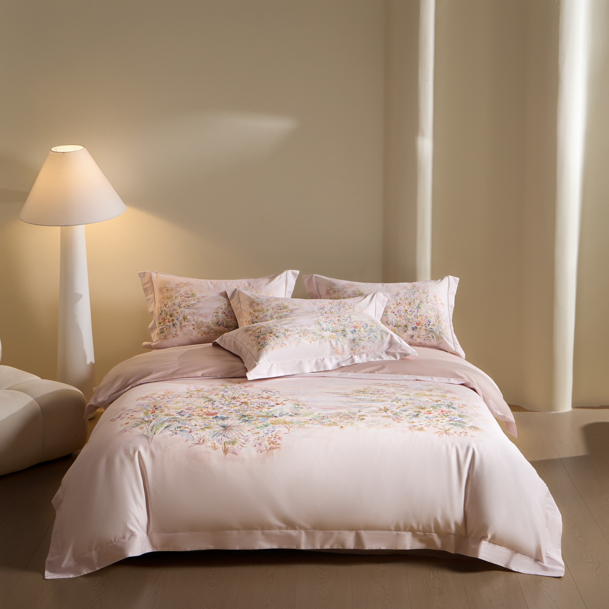 91家纺网 家纺一手货源 找家纺 禾时 2026新款全棉纯棉数码印花埋绳款四件套 浅芜（粉）