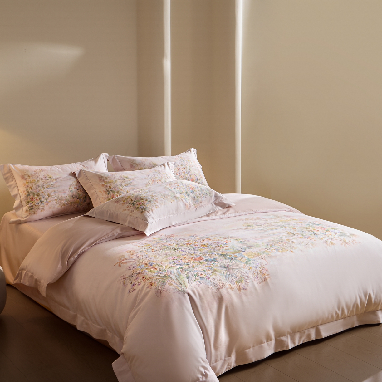 91家纺网 家纺一手货源 找家纺 禾时 2026新款全棉纯棉数码印花埋绳款四件套 浅芜（粉）