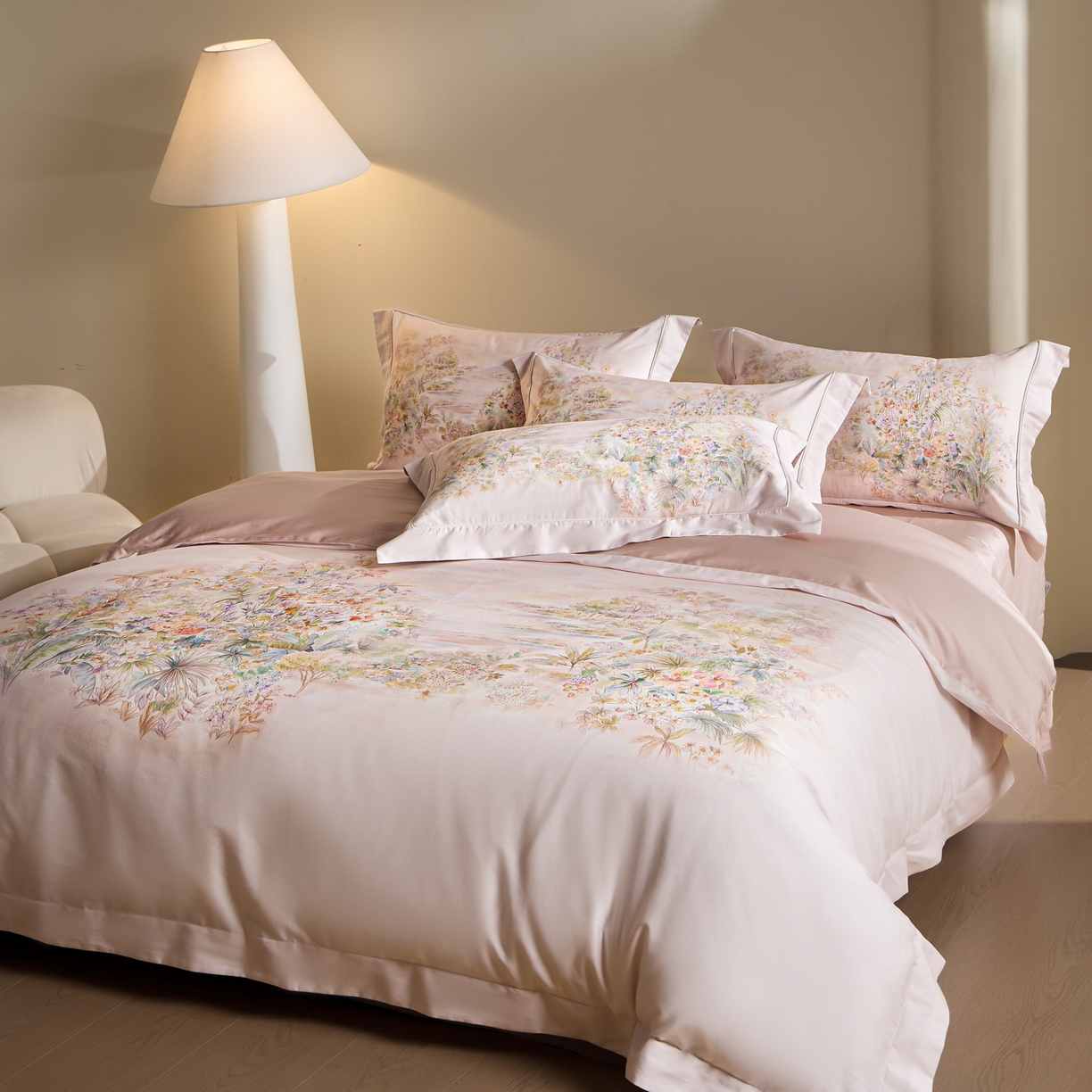 91家纺网 家纺一手货源 找家纺 禾时 2026新款全棉纯棉数码印花埋绳款四件套 浅芜（粉）