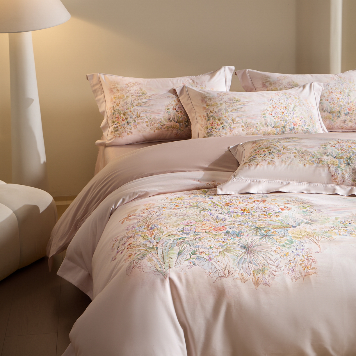 91家纺网 家纺一手货源 找家纺 禾时 2026新款全棉纯棉数码印花埋绳款四件套 浅芜（粉）