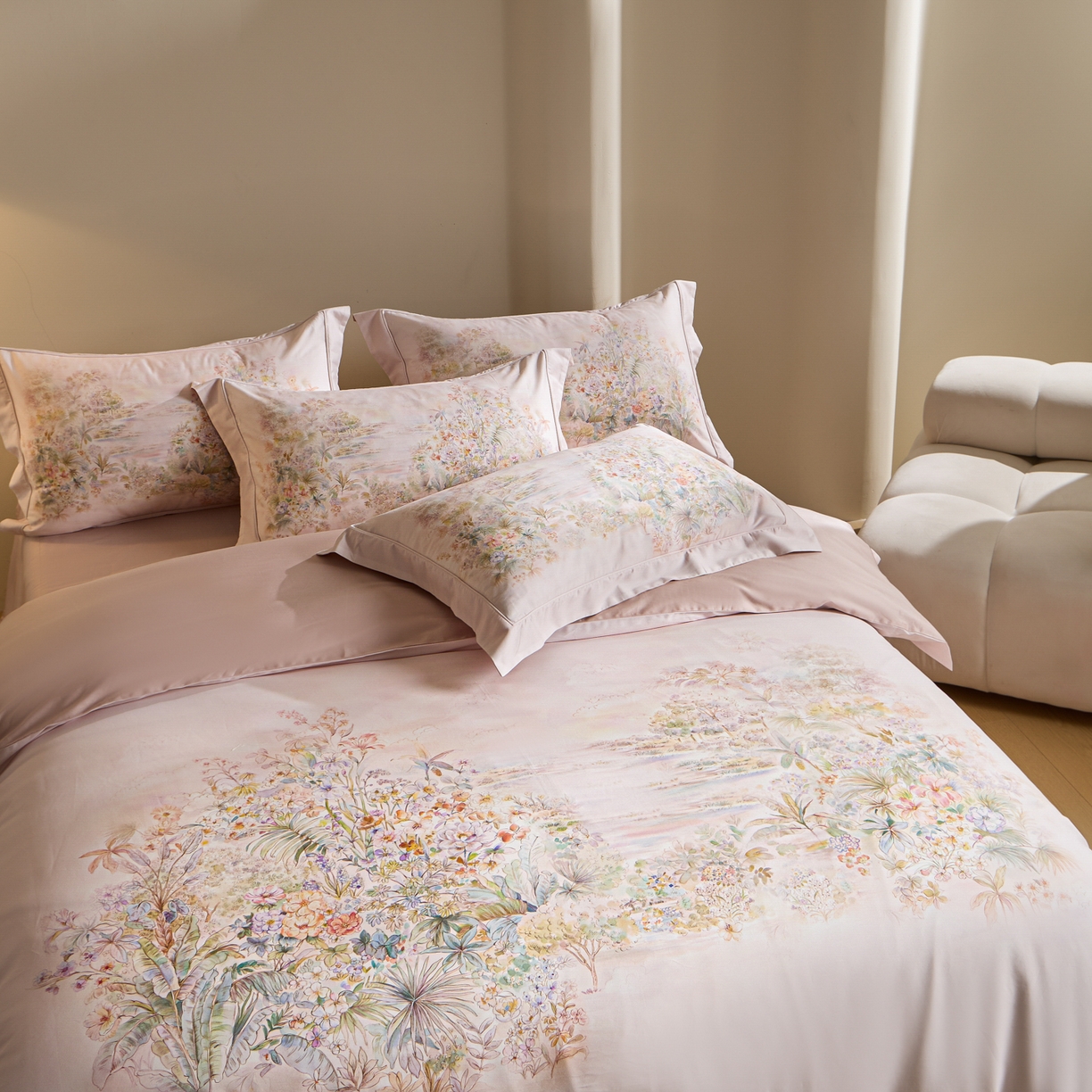 91家纺网 家纺一手货源 找家纺 禾时 2026新款全棉纯棉数码印花埋绳款四件套 浅芜（粉）