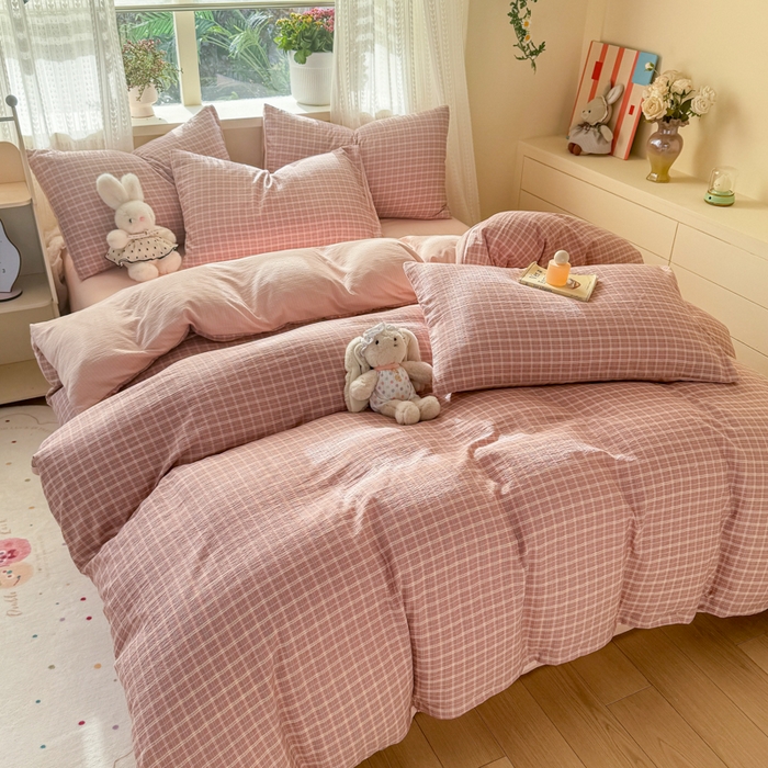 91家纺网 家纺一手货源 找家纺 丽美人家纺 2026新款A类皱皱纱双层印花单被套 BT英伦红格