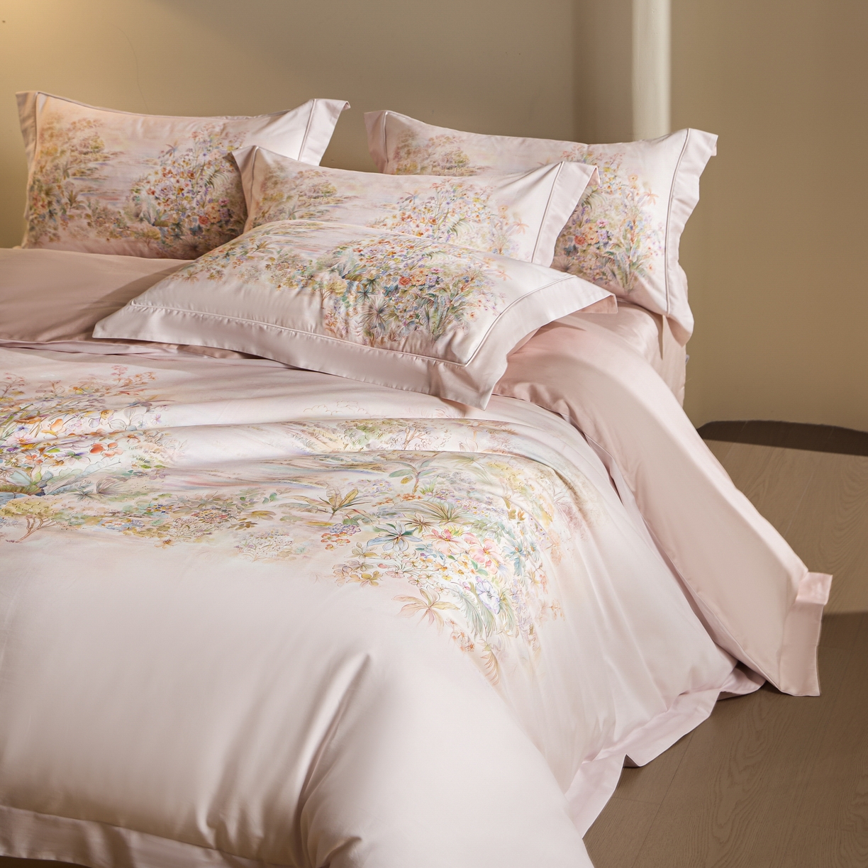 91家纺网 家纺一手货源 找家纺 禾时 2026新款全棉纯棉数码印花埋绳款四件套 浅芜（粉）