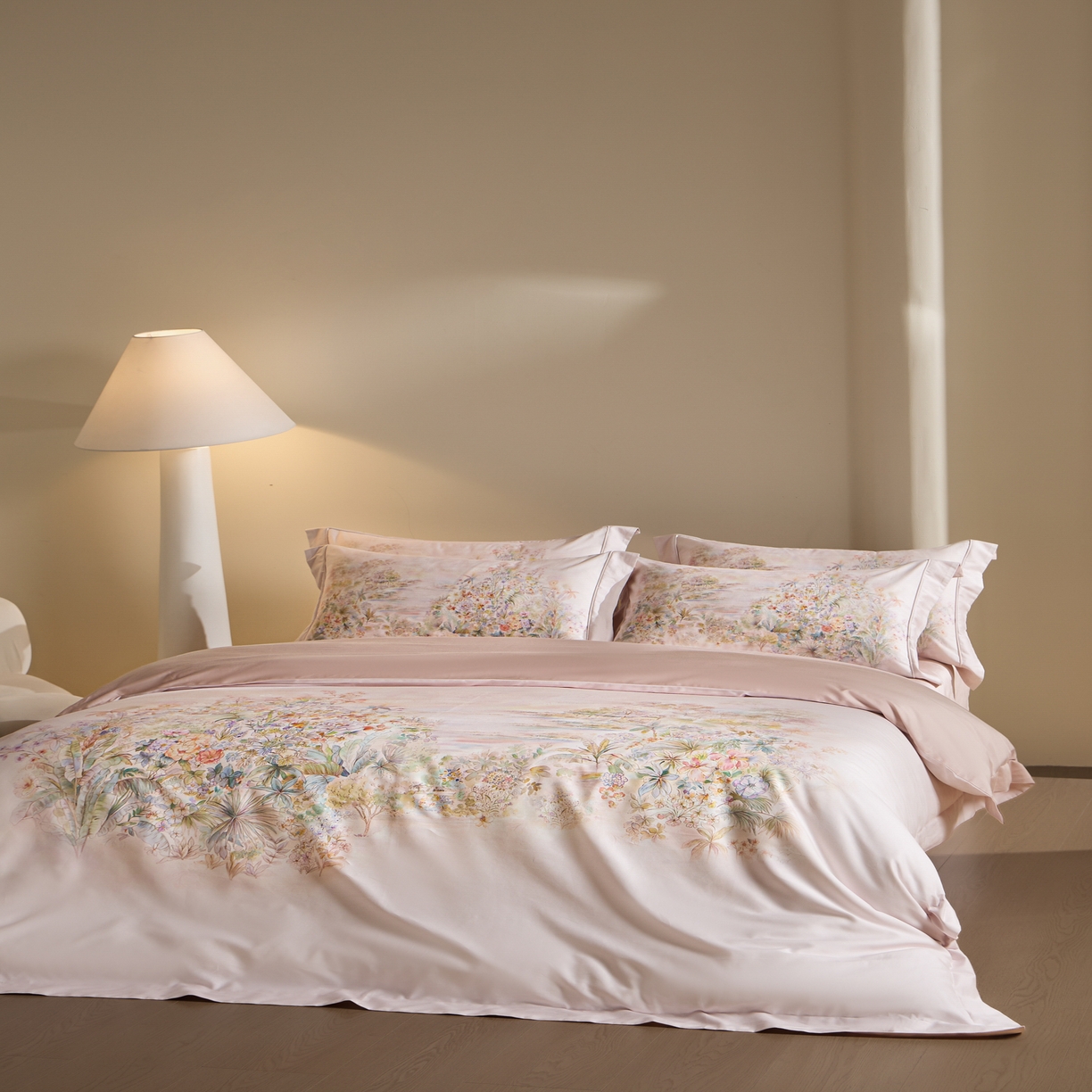 91家纺网 家纺一手货源 找家纺 禾时 2026新款全棉纯棉数码印花埋绳款四件套 浅芜（粉）