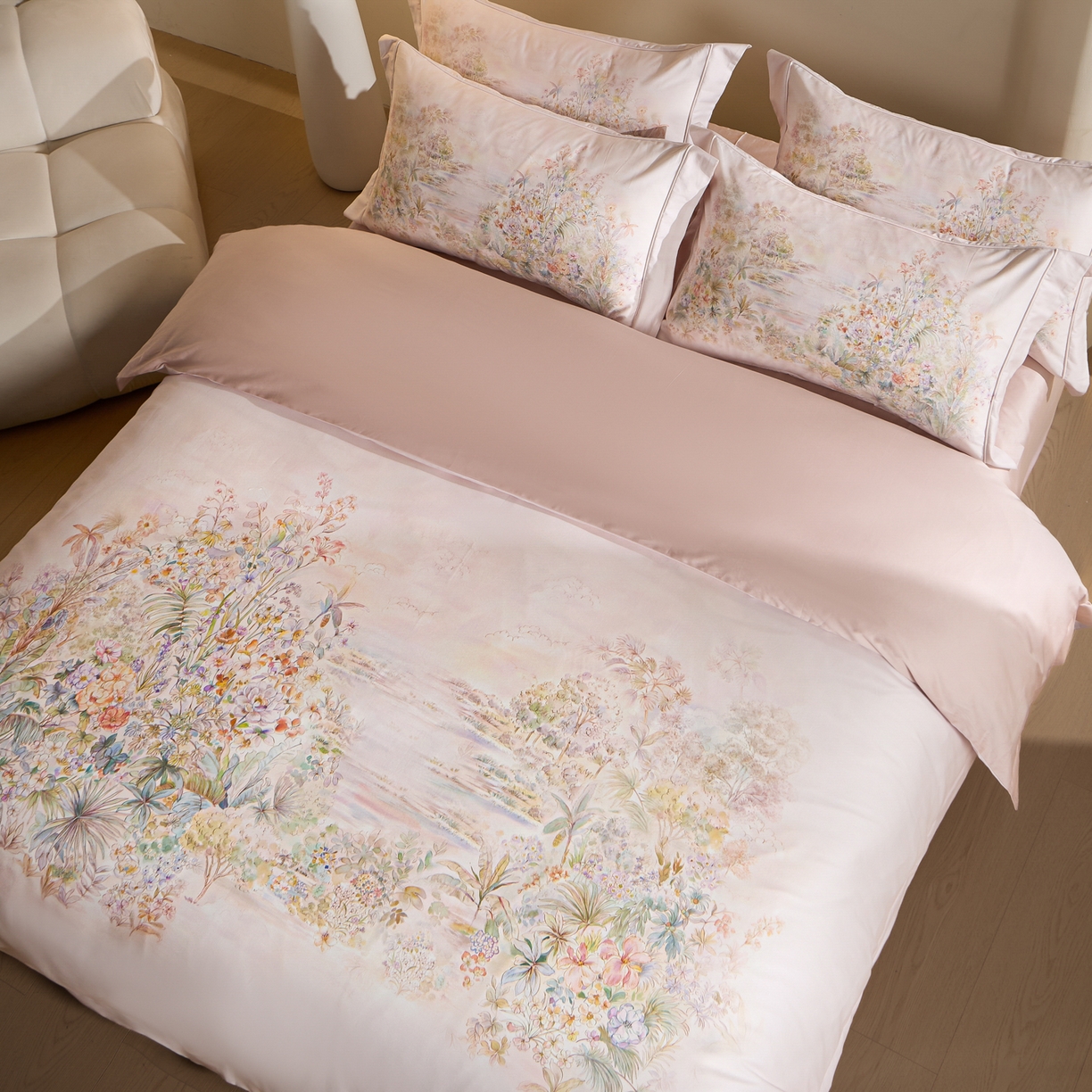 91家纺网 家纺一手货源 找家纺 禾时 2026新款全棉纯棉数码印花埋绳款四件套 浅芜（粉）