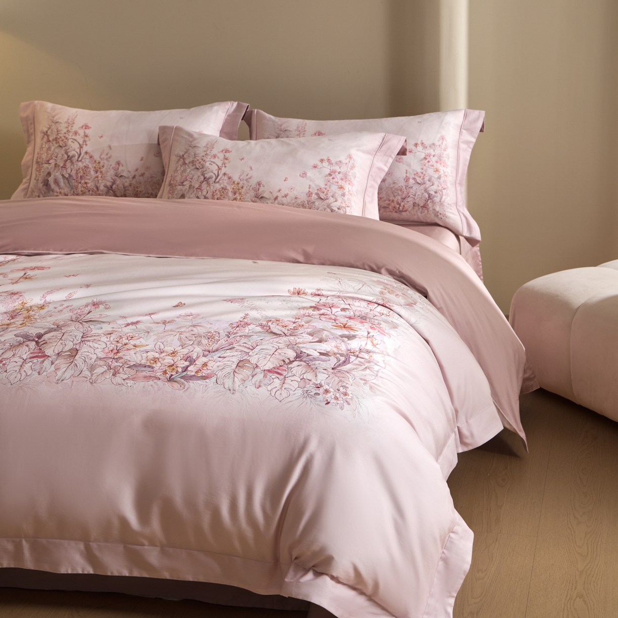 禾时 2026新款全棉纯棉数码印花埋绳款四件套 轻烟蝶薇（豆沙粉）