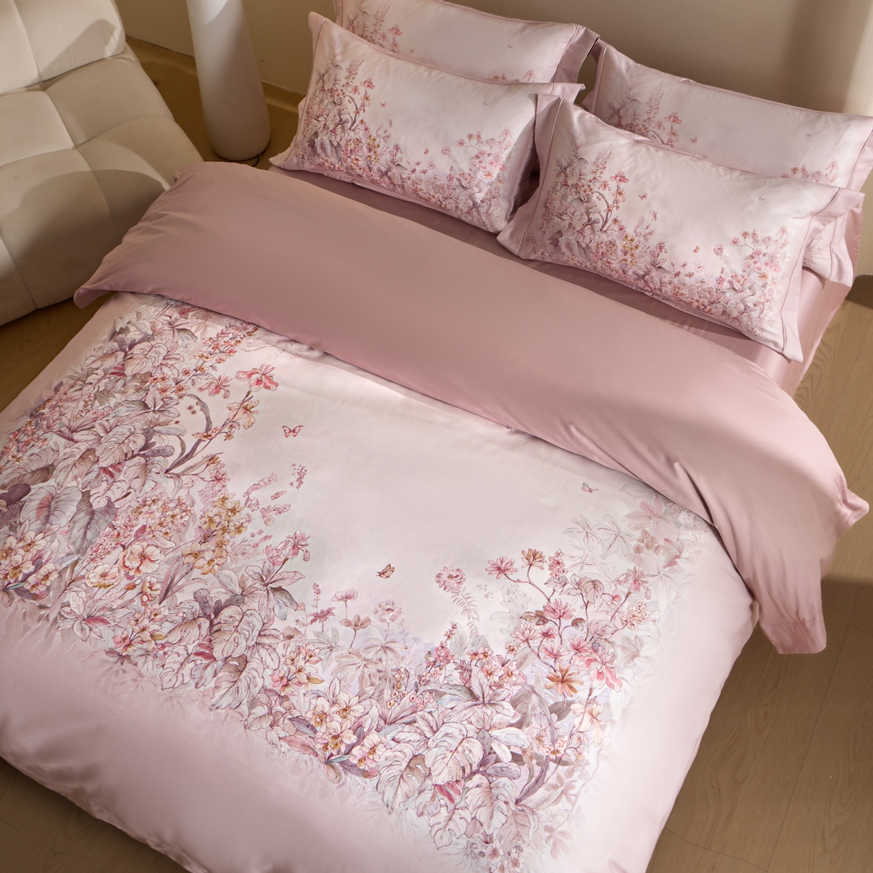 91家纺网 家纺一手货源 找家纺 禾时 2026新款全棉纯棉数码印花埋绳款四件套 轻烟蝶薇（豆沙粉）