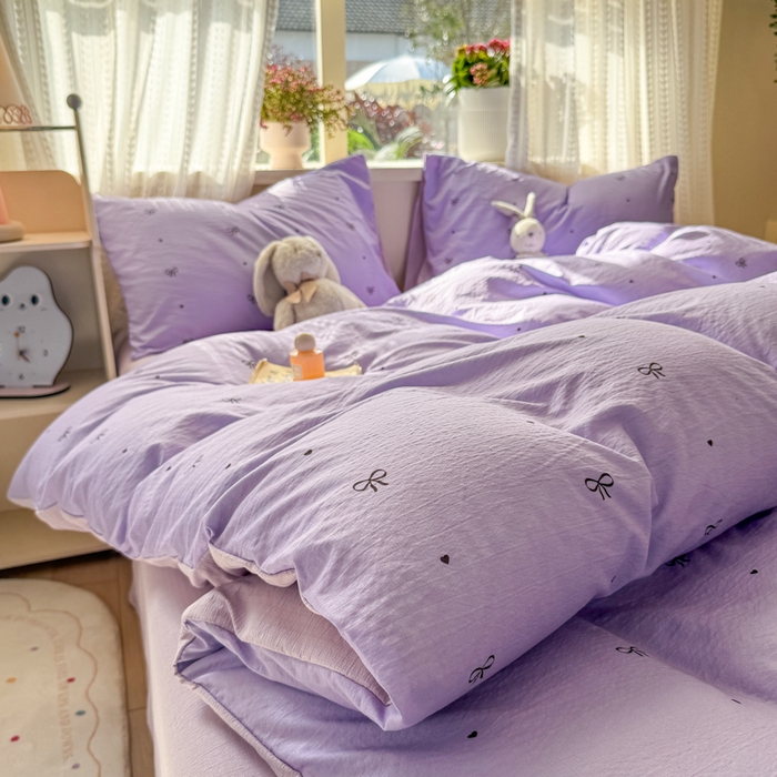 91家纺网 家纺一手货源 找家纺 丽美人家纺 2026新款A类皱皱纱双层印花单被套 BT紫色蝴蝶结