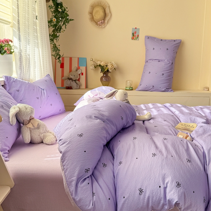 91家纺网 家纺一手货源 找家纺 丽美人家纺 2026新款A类皱皱纱双层印花单被套 BT紫色蝴蝶结